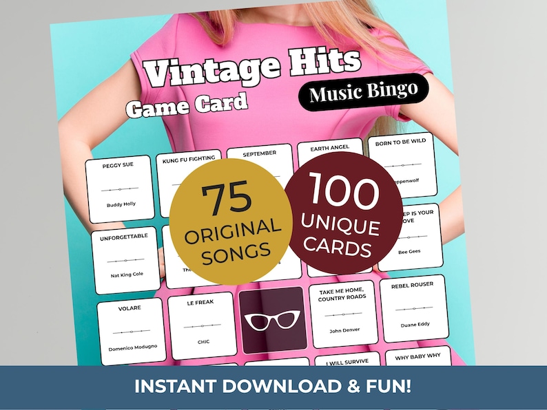 May include: A Vintage Hits Music Bingo game card with 75 original songs and 100 unique cards. The card features song titles like "Peggy Sue" and "Unforgettable." The text "Instant Download & Fun!" is also visible.