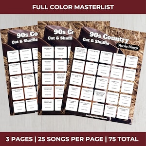 May include: Three 90s Country Music Bingo game sheets with a brown cowboy hat design. Each sheet features 25 song titles, with the text "90s Country Music Bingo" and "Cut & Shuffle". The text "Full Color Masterlist" is at the top.