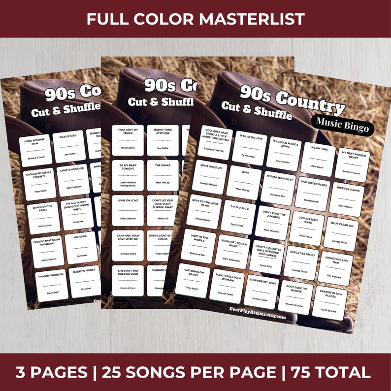 May include: Three 90s Country Music Bingo game sheets with a brown cowboy hat design. Each sheet features 25 song titles, with the text "90s Country Music Bingo" and "Cut & Shuffle". The text "Full Color Masterlist" is at the top.