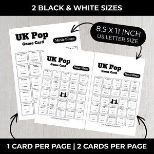 以下が含まれることがあります： 白黒のUK Pop Music Bingoゲームカード2枚。カードのサイズは21.6 x 27.9 cmです。カードのテキストには「UK Pop Game Card」と「Music Bingo」が含まれています。カードはUSレターサイズの用紙に印刷されています。