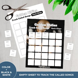 Op de afbeelding: Twee zwart-witte "Golden Oldies" muziekbingo-spelbladen met een schaar en kleine songtitelkaarten. De bingokaarten hebben lege vierkanten om de opgeroepen nummers te volgen. De tekst "Color + Black & White" is zichtbaar.