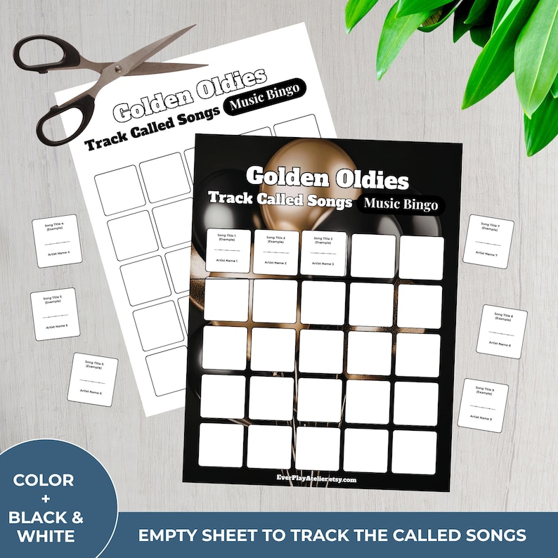 Op de afbeelding: Twee zwart-witte "Golden Oldies" muziekbingo-spelbladen met een schaar en kleine songtitelkaarten. De bingokaarten hebben lege vierkanten om de opgeroepen nummers te volgen. De tekst "Color + Black & White" is zichtbaar.