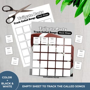 May include: Two sheets of Tailgate Party Music Bingo with a football graphic, plus small cards and scissors. The text reads "Track Called Songs" and "Music Bingo". The bottom left corner says "Color + Black & White".