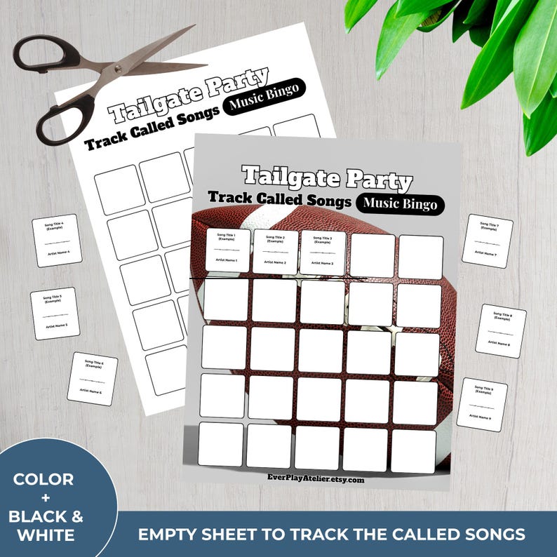 May include: Two sheets of Tailgate Party Music Bingo with a football graphic, plus small cards and scissors. The text reads "Track Called Songs" and "Music Bingo". The bottom left corner says "Color + Black & White".