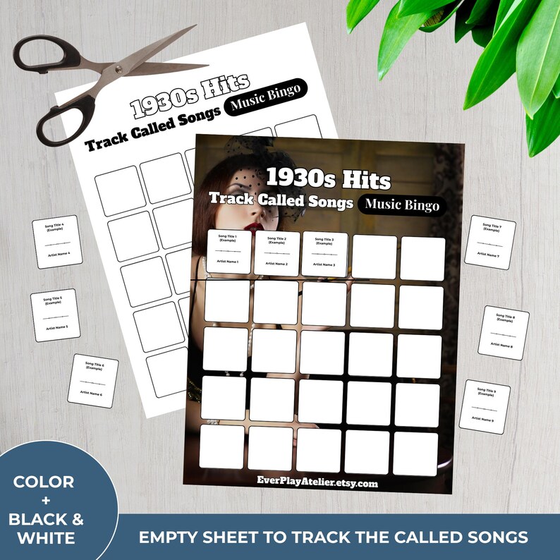 May include: Two sheets of 1930s Hits Music Bingo, with blank squares for song titles and artist names. The text "Track Called Songs" and "Music Bingo" are visible. A pair of scissors and small cards are also present. The bottom left corner reads "COLOR + BLACK & WHITE".