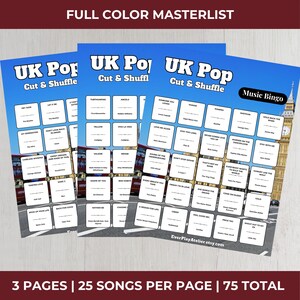 以下が含まれることがあります： 曲名が書かれた3枚の青いUK Popミュージックビンゴゲームシート。各シートは異なるデザインで、上部に「UK Pop Cut & Shuffle」の文字があります。背景にはロンドンの街並みが描かれています。