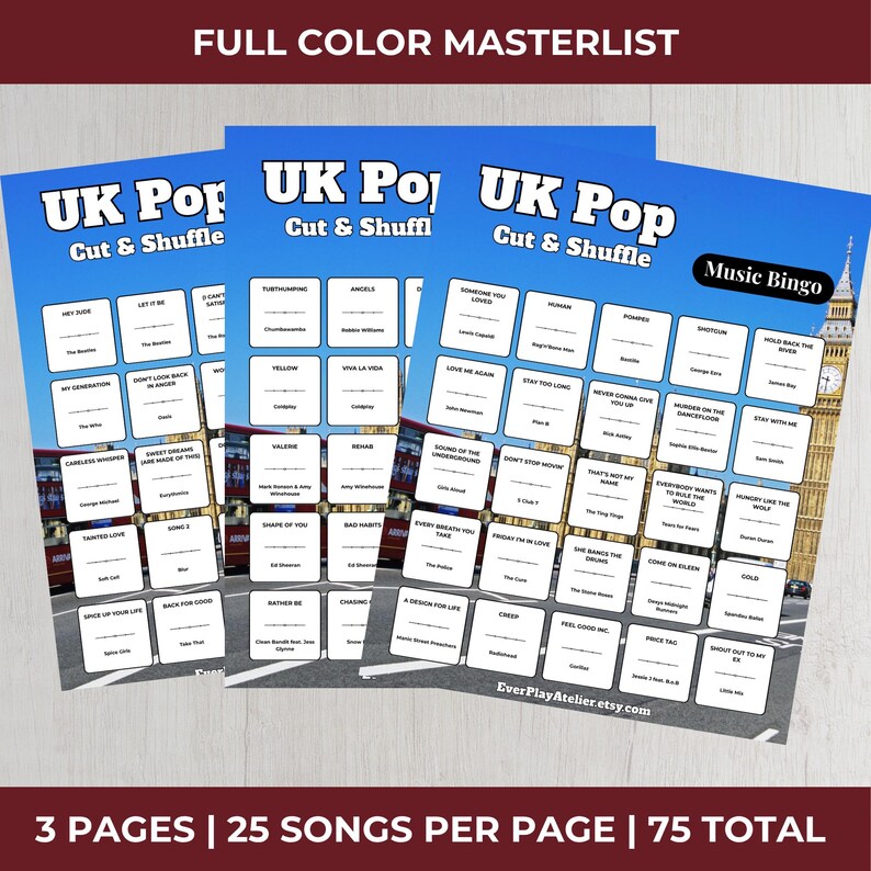 以下が含まれることがあります： 曲名が書かれた3枚の青いUK Popミュージックビンゴゲームシート。各シートは異なるデザインで、上部に「UK Pop Cut & Shuffle」の文字があります。背景にはロンドンの街並みが描かれています。