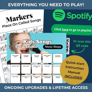 Puede incluir: Un juego de bingo musical para ni&ntilde;os con t&iacute;tulos de canciones como "Wheels on the Bus" y "Five Little Monkeys". Incluye un manual de instrucciones de inicio r&aacute;pido y acceso a una lista de reproducci&oacute;n de Spotify. Tambi&eacute;n incluye el texto "Everything You Need to Play!"