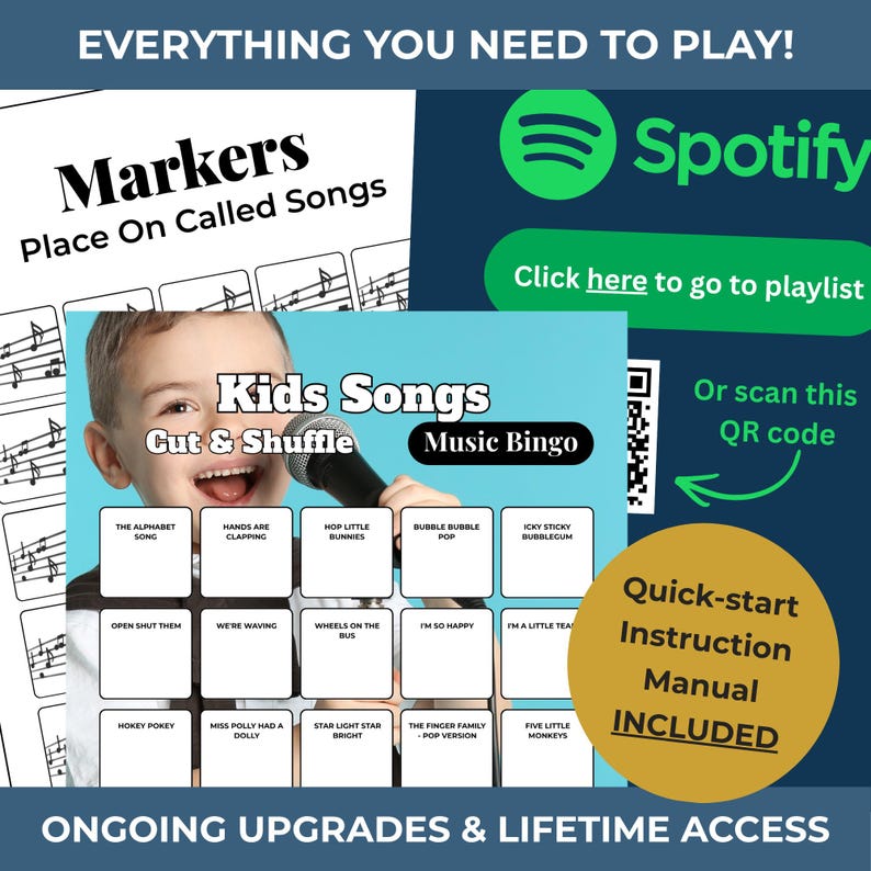 Puede incluir: Un juego de bingo musical para ni&ntilde;os con t&iacute;tulos de canciones como "Wheels on the Bus" y "Five Little Monkeys". Incluye un manual de instrucciones de inicio r&aacute;pido y acceso a una lista de reproducci&oacute;n de Spotify. Tambi&eacute;n incluye el texto "Everything You Need to Play!"