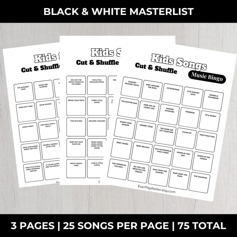 Puede incluir: Tres p&aacute;ginas imprimibles en blanco y negro con el texto "Kids Cut & Shuffle" y "Kids Songs Music Bingo". Cada p&aacute;gina presenta una cuadr&iacute;cula de t&iacute;tulos de canciones. El texto "BLACK & WHITE MASTERLIST" est&aacute; en la parte superior. El texto inferior dice "3 PAGES | 25 SONGS PER PAGE | 75 TOTAL".