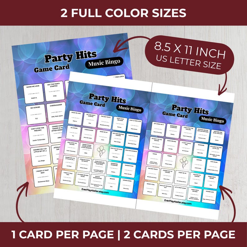 Puede incluir: Dos tarjetas de juego "Party Hits Music Bingo", cada una de 21,6 x 27,9 cm, con un fondo colorido. Las tarjetas tienen una cuadr&iacute;cula de t&iacute;tulos de canciones. El texto incluye "2 FULL COLOR SIZES", "US LETTER SIZE" y "1 CARD PER PAGE | 2 CARDS PER PAGE".