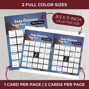 K&ouml;nnte beinhalten: Zwei blaue Jazz Classics Musik-Bingo-Spielkarten. Die Karten sind 21,6 x 27,9 cm gro&szlig; und zeigen eine Saxophon-Grafik. Der Text enth&auml;lt "2 Full Color Sizes", "US Letter Size" und "1 Card Per Page | 2 Cards Per Page".