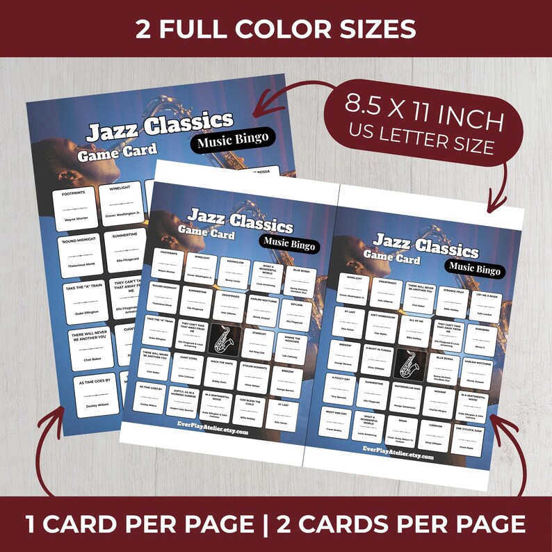 K&ouml;nnte beinhalten: Zwei blaue Jazz Classics Musik-Bingo-Spielkarten. Die Karten sind 21,6 x 27,9 cm gro&szlig; und zeigen eine Saxophon-Grafik. Der Text enth&auml;lt "2 Full Color Sizes", "US Letter Size" und "1 Card Per Page | 2 Cards Per Page".