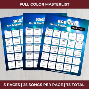 May include: Three R&B music bingo game sheets with a blue and teal gradient background. Each sheet has a grid of song titles. The top of each sheet reads "R&B Cut & Shuffle" or "R&B Hits Music Bingo". The bottom text reads "3 PAGES | 25 SONGS PER PAGE | 75 TOTAL".