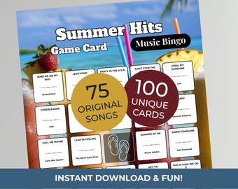 SUMMER Music Bingo Party Game • 100 Printable Cards • 75 Songs • Spotify Playlist (Printable Download)