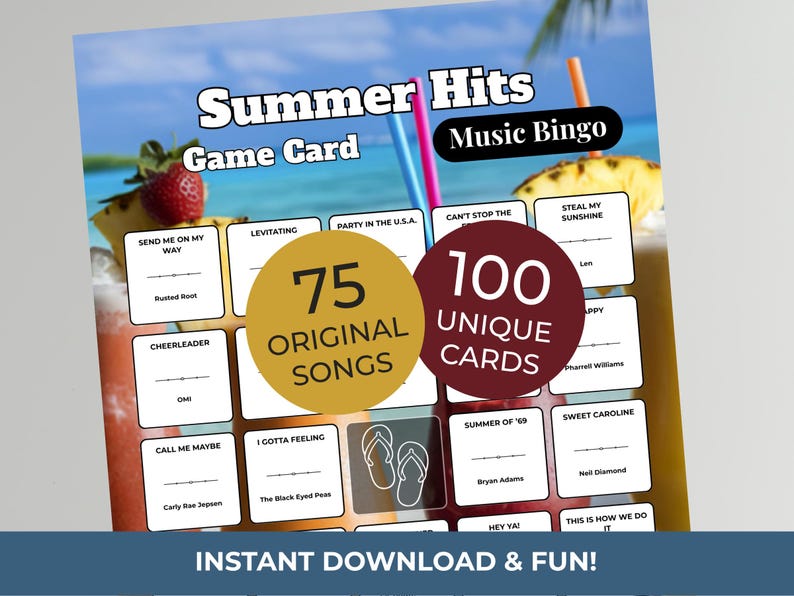 Puede incluir: Tarjeta de juego de bingo Summer Hits con un tema tropical. La tarjeta presenta t&iacute;tulos de canciones y nombres de artistas, con el texto "75 canciones originales" y "100 cartas &uacute;nicas". El fondo muestra una escena de playa con c&oacute;cteles y frutas.