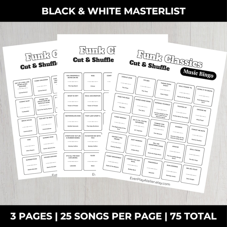 May include: Three black and white music bingo game sheets with the text "Funk Classics" and "Cut & Shuffle." Each sheet has 25 song titles. The top of the image reads "BLACK & WHITE MASTERLIST."