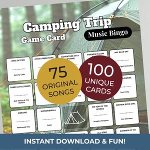 Camping MUSIC BINGO Party Game | 100 Printable Cards + 75 Songs & Spotify Playlist (Digital Download) imagen 1