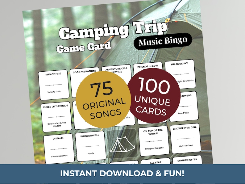 Camping MUSIC BINGO Party Game | 100 Printable Cards + 75 Songs & Spotify Playlist (Digital Download) imagen 1