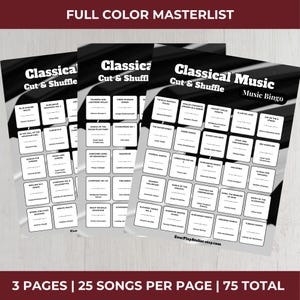 Op de afbeelding: Drie zwart-witte bingokaarten voor klassieke muziek met songtitels. De kaarten heten "Classical Cut & Shuffle" en "Music Bingo". De tekst "3 Pages | 25 Songs Per Page | 75 Total" staat onderaan.