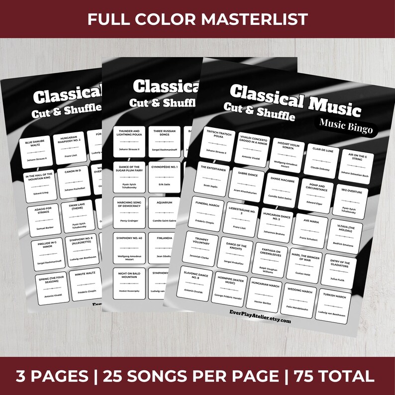 Op de afbeelding: Drie zwart-witte bingokaarten voor klassieke muziek met songtitels. De kaarten heten "Classical Cut & Shuffle" en "Music Bingo". De tekst "3 Pages | 25 Songs Per Page | 75 Total" staat onderaan.