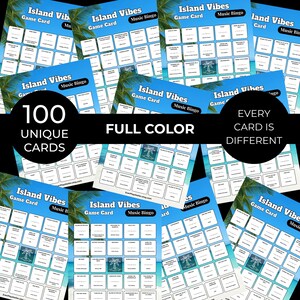 Puede incluir: Una colecci&oacute;n de tarjetas de juego "Island Vibes Music Bingo". Cada tarjeta presenta un fondo de escena de playa tropical y una cuadr&iacute;cula de cuadrados con indicaciones relacionadas con la m&uacute;sica. La imagen incluye el texto "100 tarjetas &uacute;nicas" y "Cada tarjeta es diferente".