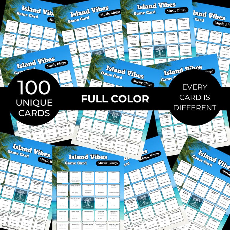 Puede incluir: Una colecci&oacute;n de tarjetas de juego "Island Vibes Music Bingo". Cada tarjeta presenta un fondo de escena de playa tropical y una cuadr&iacute;cula de cuadrados con indicaciones relacionadas con la m&uacute;sica. La imagen incluye el texto "100 tarjetas &uacute;nicas" y "Cada tarjeta es diferente".