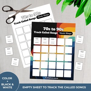 May include: A music bingo game sheet with a retro colour scheme, featuring the text "70s to 90s Track Called Songs Music Bingo." Includes blank squares for song titles and artist names, along with small cards and scissors.