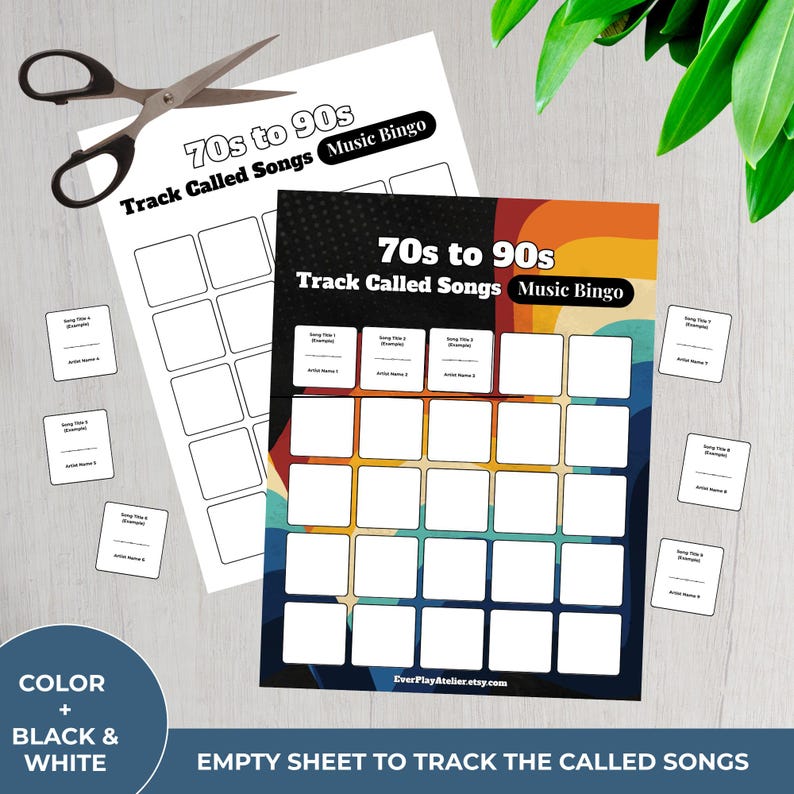 May include: A music bingo game sheet with a retro colour scheme, featuring the text "70s to 90s Track Called Songs Music Bingo." Includes blank squares for song titles and artist names, along with small cards and scissors.