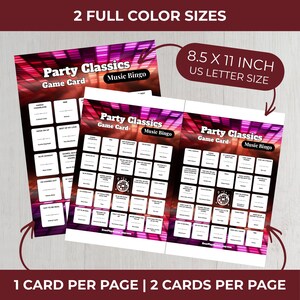 May include: Two "Party Classics Music Bingo" game cards, 8.5 x 11 inches, with a colorful background. The cards feature song titles in a bingo format. Text includes "2 Full Color Sizes", "US Letter Size", "1 Card Per Page | 2 Cards Per Page".
