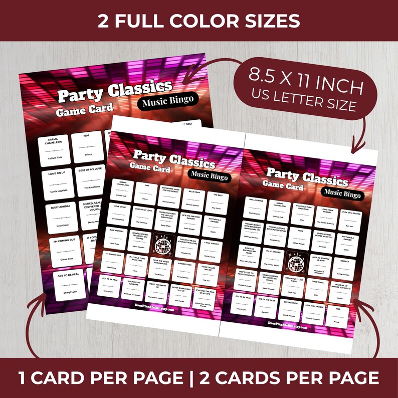 May include: Two "Party Classics Music Bingo" game cards, 8.5 x 11 inches, with a colorful background. The cards feature song titles in a bingo format. Text includes "2 Full Color Sizes", "US Letter Size", "1 Card Per Page | 2 Cards Per Page".
