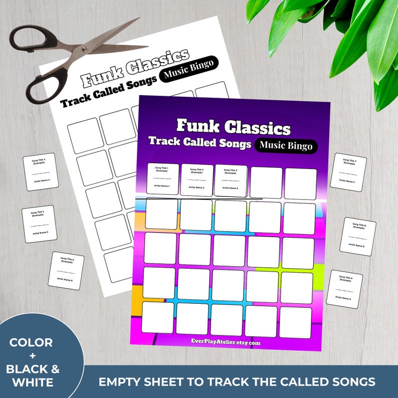 May include: A music bingo game set with a purple and white theme. The game includes a bingo card, calling cards, and scissors. The text on the card reads "Funk Classics Track Called Songs Music Bingo". The bottom left corner reads "COLOR + BLACK & WHITE".