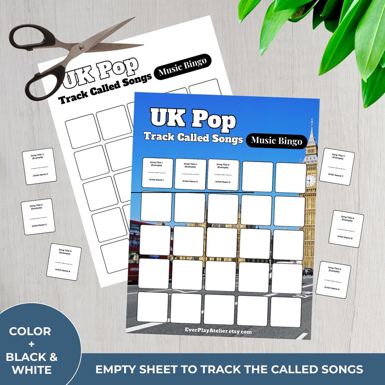 以下が含まれることがあります： 「UK Pop Track Called Songs Music Bingo」のテキストが入った2枚のUK Popミュージックビンゴゲームシート。メインカードは、ロンドンのシーンがある青い空の背景です。小さなカードとハサミが含まれています。