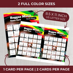 Puede incluir: Dos tarjetas de juego Reggae Music Bingo en negro, amarillo y verde. Las tarjetas miden 21,6 x 27,9 cm. El texto en las tarjetas dice "Reggae Music Game Card Music Bingo". Las tarjetas est&aacute;n impresas a color.