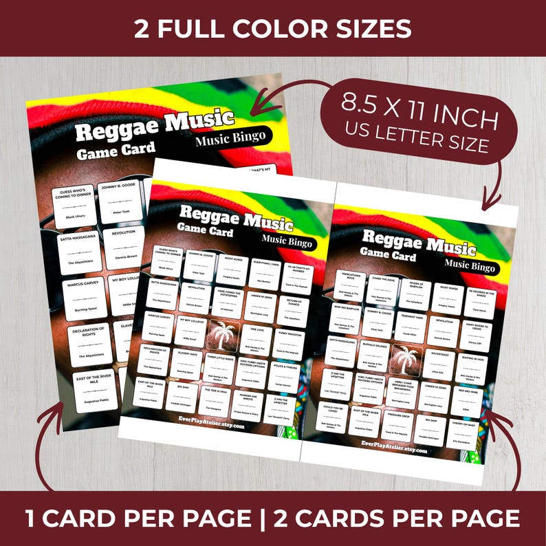 Puede incluir: Dos tarjetas de juego Reggae Music Bingo en negro, amarillo y verde. Las tarjetas miden 21,6 x 27,9 cm. El texto en las tarjetas dice "Reggae Music Game Card Music Bingo". Las tarjetas est&aacute;n impresas a color.