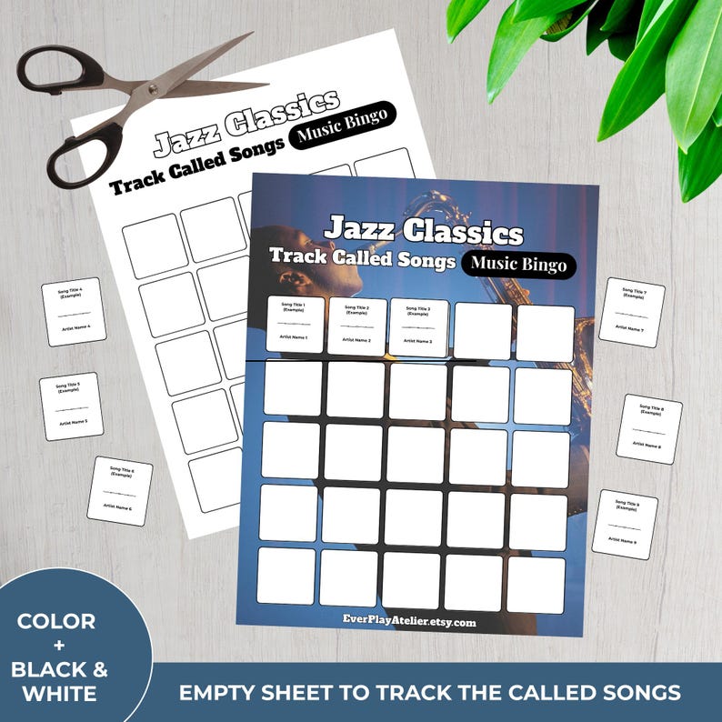 K&ouml;nnte beinhalten: Zwei Jazz Classics Music Bingo-Bl&auml;tter mit leeren Feldern zum Verfolgen der aufgerufenen Songs. Die Bl&auml;tter sind wei&szlig; mit schwarzem Text und blauem Hintergrund. Eine Schere befindet sich oben links, und kleine Karten sind verstreut. Der Text lautet "Jazz Classics Track Called Songs Music Bingo".