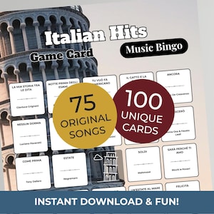 Puede incluir: Una tarjeta de juego titulada "Italian Hits Music Bingo" con un gr&aacute;fico de la Torre Inclinada de Pisa. La tarjeta incluye 75 canciones originales y 100 cartas &uacute;nicas. El texto en la parte inferior dice "INSTANT DOWNLOAD & FUN!"
