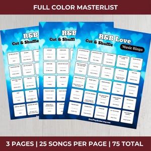 Puede incluir: Tres hojas de juego de bingo musical R&B con un fondo degradado azul y formas de coraz&oacute;n blancas. Cada hoja tiene un t&iacute;tulo diferente: "R&B Cut & Shuffle" y "R&B Love Music Bingo". Cada hoja tiene 25 t&iacute;tulos de canciones.