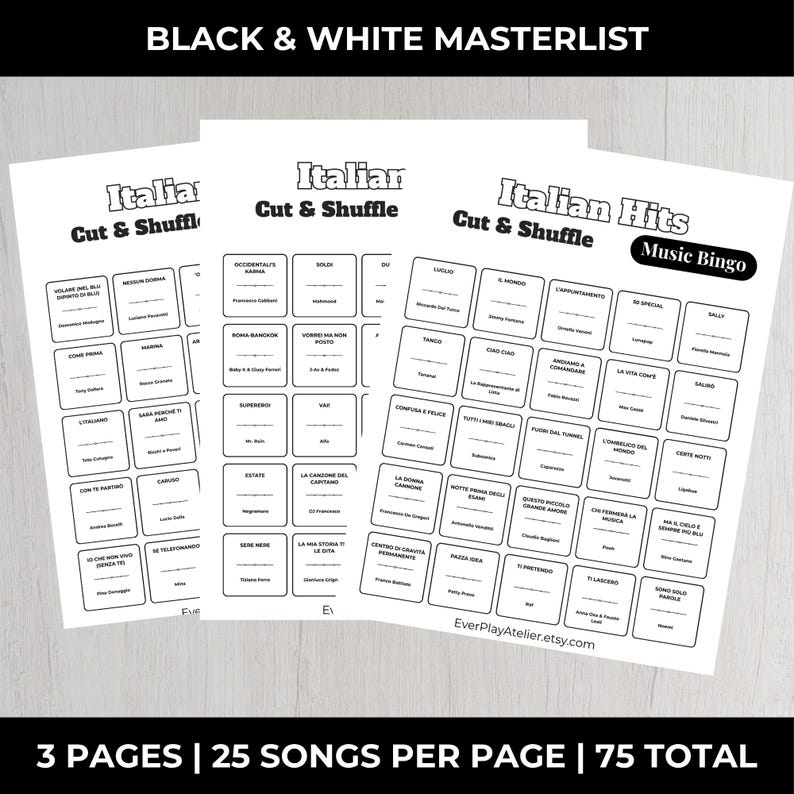 Puede incluir: Tres hojas de juego de bingo musical italiano en blanco y negro. Cada hoja tiene una cuadr&iacute;cula de t&iacute;tulos de canciones. El texto "Italian Cut & Shuffle" e "Italian Hits Music Bingo" son visibles. El texto "3 PAGES | 25 SONGS PER PAGE | 75 TOTAL" tambi&eacute;n es visible.