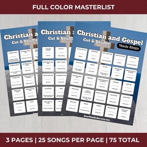 May include: Three Christian and Gospel Music Bingo game sheets with a blue sky background. Each sheet has a white cross and song titles. The text "Christian and Gospel Music Bingo" is visible. The text "Cut & Shuffle" is also visible.