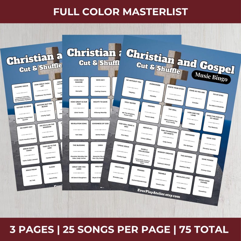 May include: Three Christian and Gospel Music Bingo game sheets with a blue sky background. Each sheet has a white cross and song titles. The text "Christian and Gospel Music Bingo" is visible. The text "Cut & Shuffle" is also visible.