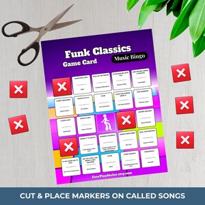 May include: A purple and white Funk Classics Music Bingo game card with song titles, red markers, and scissors. The text reads "CUT & PLACE MARKERS ON CALLED SONGS".
