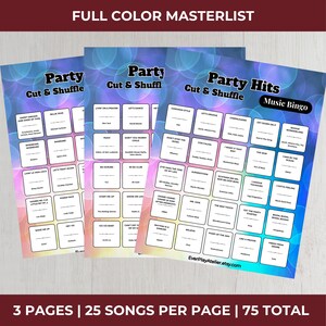 Puede incluir: Tres hojas de tarjetas de bingo musical con un fondo azul y morado. Cada tarjeta tiene un conjunto diferente de t&iacute;tulos de canciones. El texto "Party Cut & Shuffle" y "Party Hits Music Bingo" son visibles. La parte inferior de la imagen dice "3 PAGES | 25 SONGS PER PAGE | 75 TOTAL".