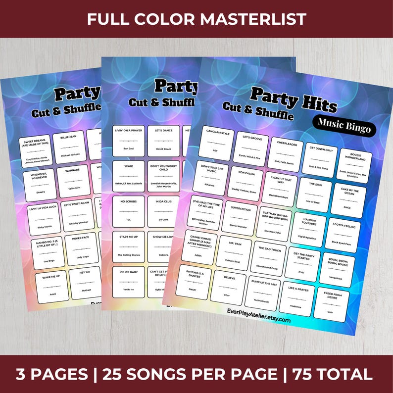 Puede incluir: Tres hojas de tarjetas de bingo musical con un fondo azul y morado. Cada tarjeta tiene un conjunto diferente de t&iacute;tulos de canciones. El texto "Party Cut & Shuffle" y "Party Hits Music Bingo" son visibles. La parte inferior de la imagen dice "3 PAGES | 25 SONGS PER PAGE | 75 TOTAL".