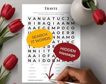 TRAVEL Word Search • Discover Hidden Message • Forward & Backward(!) Reading • Trivia Game • Printable Puzzle (Download)