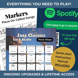 K&ouml;nnte beinhalten: Werbebild f&uuml;r ein Jazz Classics Music Bingo-Spiel. Das Bild enth&auml;lt eine Bingo-Karte mit Songtiteln, ein Spotify-Logo, einen QR-Code und den Text "Quick-start Instruction Manual INCLUDED". Der Text "EVERYTHING YOU NEED TO PLAY!" steht oben.