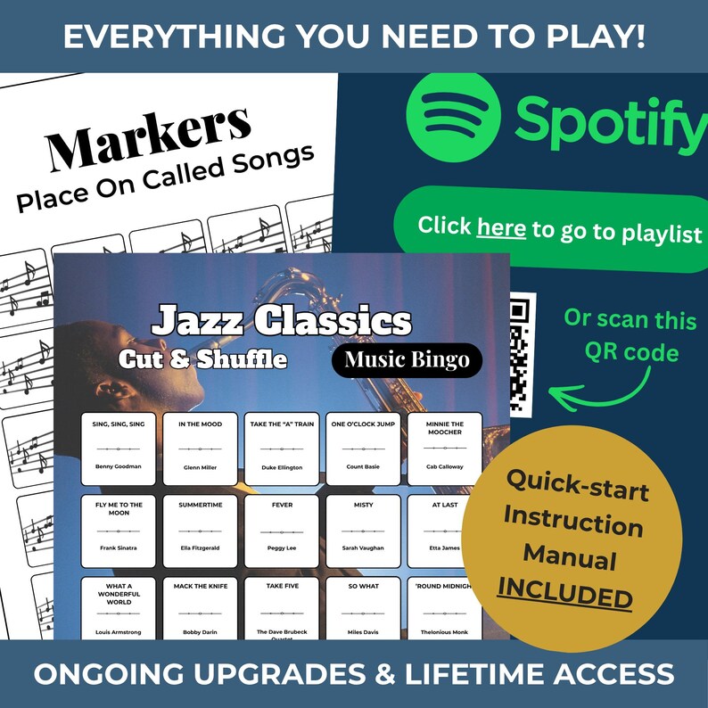K&ouml;nnte beinhalten: Werbebild f&uuml;r ein Jazz Classics Music Bingo-Spiel. Das Bild enth&auml;lt eine Bingo-Karte mit Songtiteln, ein Spotify-Logo, einen QR-Code und den Text "Quick-start Instruction Manual INCLUDED". Der Text "EVERYTHING YOU NEED TO PLAY!" steht oben.