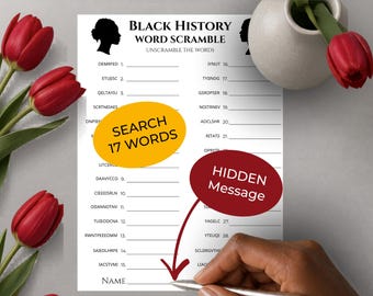 BLACK HISTORY Word Scramble Game • 30 words • Group Trivia Quiz (included!) • Printable Puzzle (Download)