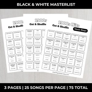 以下が含まれることがあります： 1900年代の曲名が書かれた、白黒のビンゴシートが3枚。 「1900s Cut & Shuffle」と「Music Bingo」の文字が見えます。 画像の下部には「3 PAGES | 25 SONGS PER PAGE | 75 TOTAL」と書かれています。