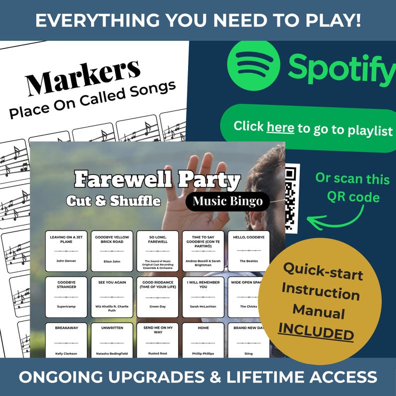 May include: A music-themed game set with a "Farewell Party" theme. Includes a bingo game with song titles, a Spotify playlist link, and a quick-start instruction manual. The set features a QR code for easy access.